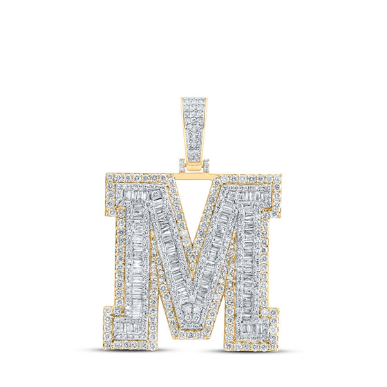 10k Yellow Gold Mens Baguette Diamond M Initial Letter Charm Pendant 4-3/8 Cttw