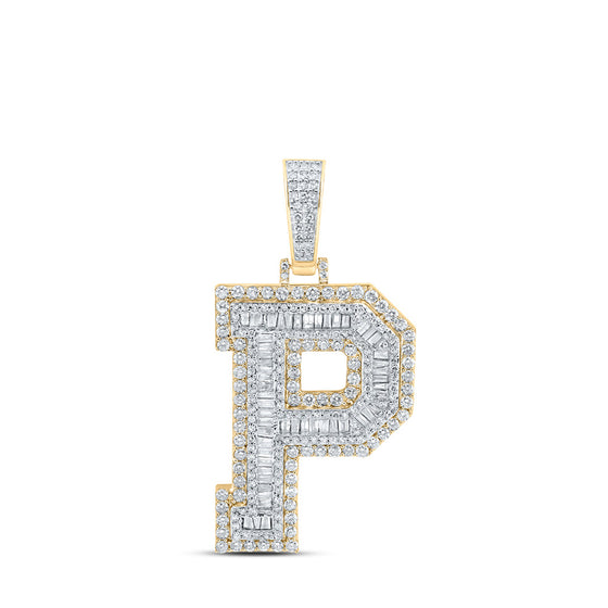 10k Yellow Gold Mens Baguette Diamond P Initial Letter Charm Pendant 2-5/8 Cttw