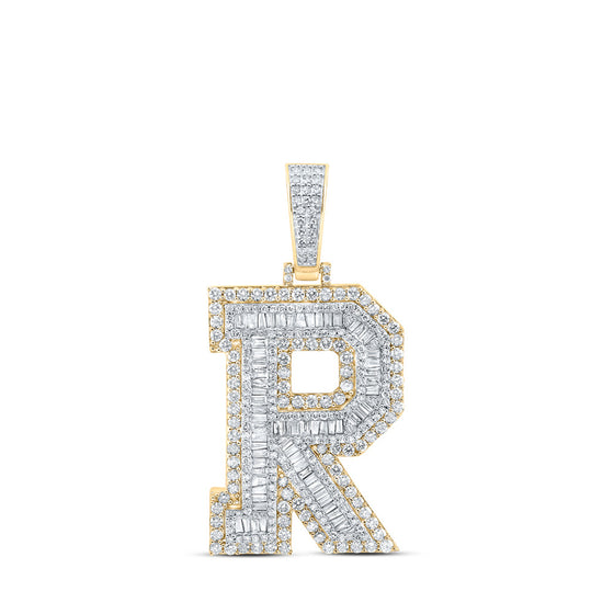 10k Yellow Gold Mens Baguette Diamond R Initial Letter Charm Pendant 3-1/5 Cttw