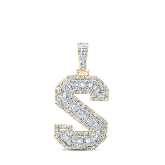 10k Yellow Gold Mens Baguette Diamond S Initial Letter Charm Pendant 2-3/4 Cttw
