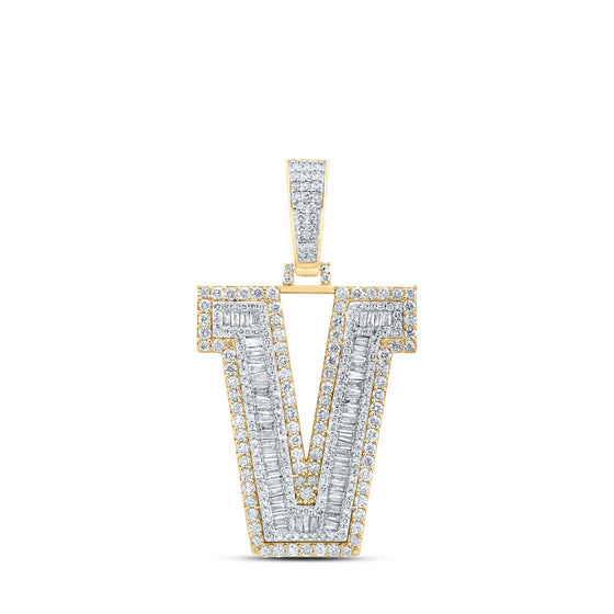 10k Yellow Gold Mens Baguette Diamond V Initial Letter Charm Pendant 2-3/4 Cttw