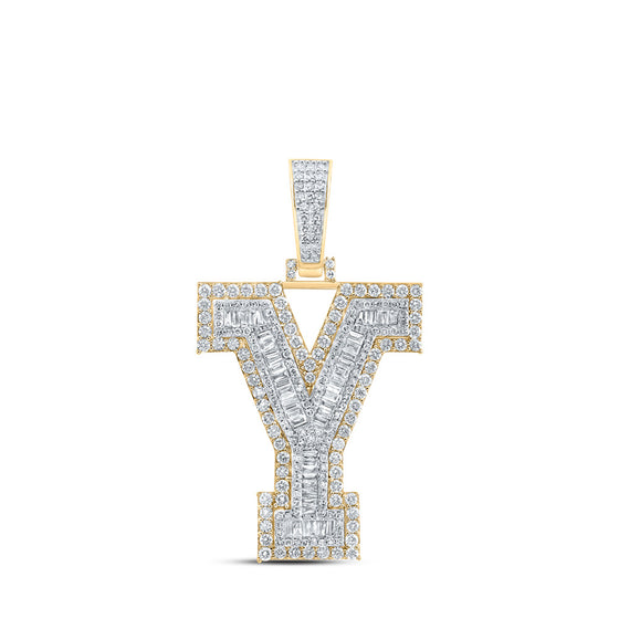 10k Yellow Gold Mens Baguette Diamond Y Initial Letter Charm Pendant 2-1/2 Cttw