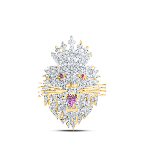 10k Yellow Gold Mens Round Diamond Lion Face Crown Charm Pendant 1 Cttw