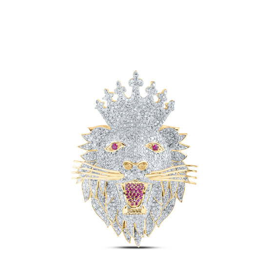 10k Yellow Gold Mens Round Diamond Lion Face Crown Charm Pendant 5-7/8 Cttw