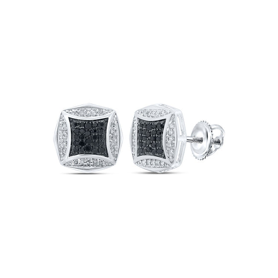 10k White Gold Round Black Color Enhanced Diamond Square Earrings 1/4 Cttw