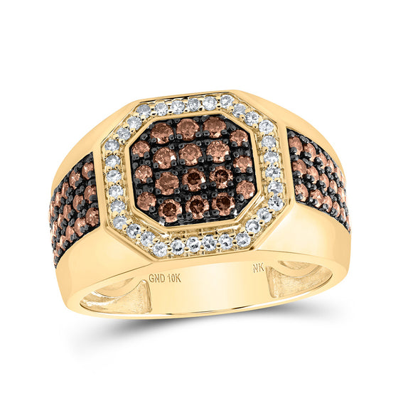 10k Yellow Gold Mens Round Brown Diamond Octagon Ring 1-1/5 Cttw