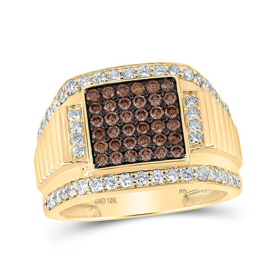 10k Yellow Gold Mens Round Brown Diamond Square Ring 1-5/8 Cttw