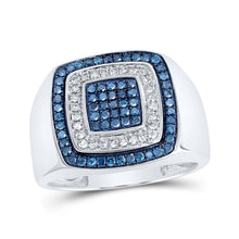  10k White Gold Mens Round Blue Color Treated Diamond Square Ring 3/4 Cttw