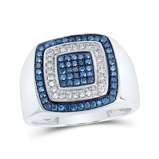 10k White Gold Mens Round Blue Color Treated Diamond Square Ring 3/4 Cttw