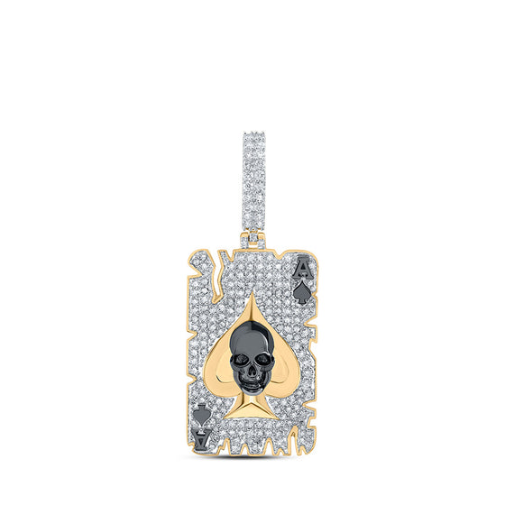 10k Yellow Gold Mens Round Diamond ACE Spade Skull Charm Pendant 1-1/3 Cttw