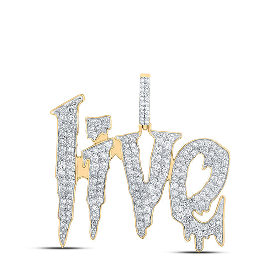 10k Yellow Gold Mens Round Diamond LIVE Drip Phrase Charm Pendant 2-3/8 Cttw