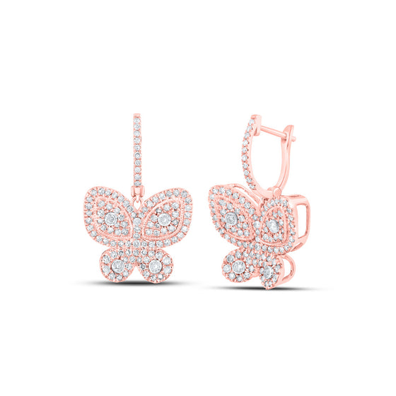 10k Rose Gold Womens Round Diamond Hoop Butterfly Dangle Earrings 1 Cttw