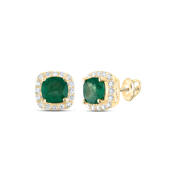 14k Yellow Gold Womens Cushion Emerald Solitaire Diamond Halo Earrings 1 Cttw