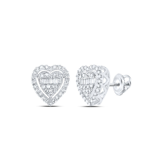 10k White Gold Womens Baguette Diamond Heart Earrings 1/2 Cttw