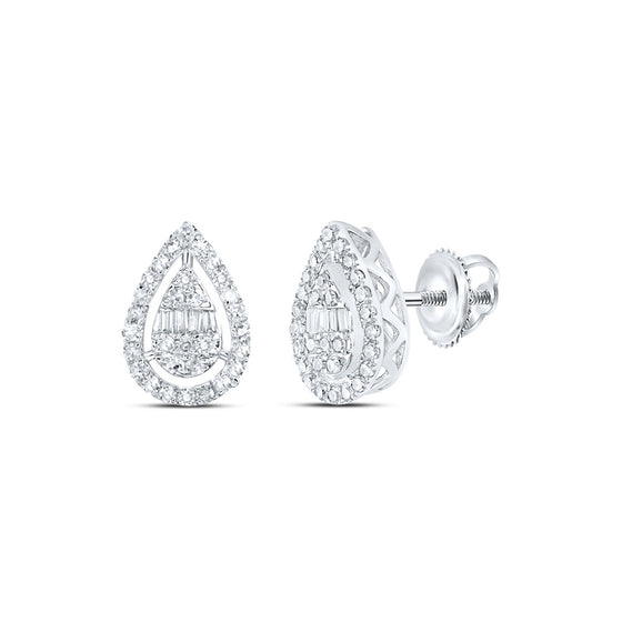 10k White Gold Womens Baguette Diamond Teardrop Earrings 3/8 Cttw