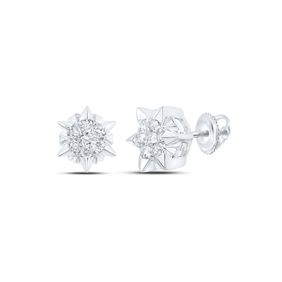 10k White Gold Womens Round Diamond Starburst Cluster Earrings 1/5 Cttw