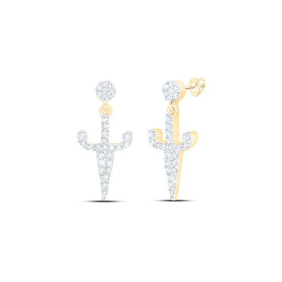 10k Yellow Gold Womens Round Diamond Dagger Dangle Earrings 1/5 Cttw