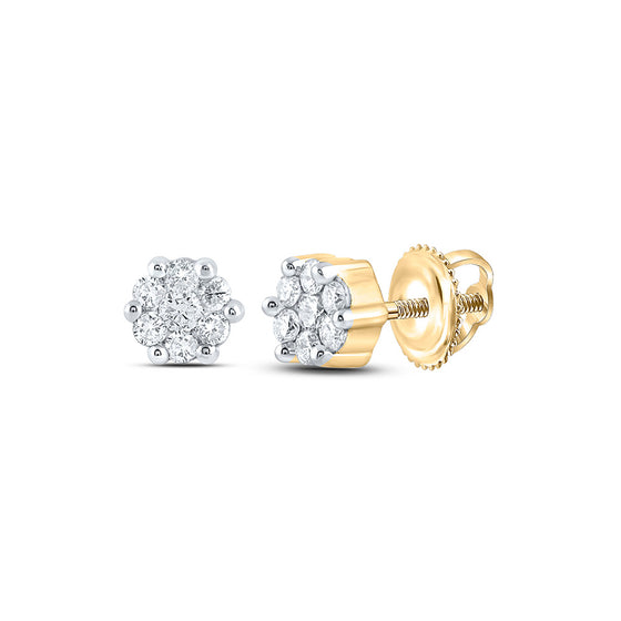 10k Yellow Gold Womens Round Diamond Flower Cluster Earrings 1/6 Cttw