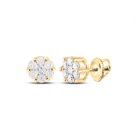 10k Yellow Gold Womens Round Diamond Flower Cluster Earrings 1/4 Cttw