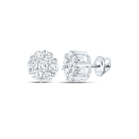 14k White Gold Womens Round Diamond Flower Cluster Earrings 1-1/2 Cttw