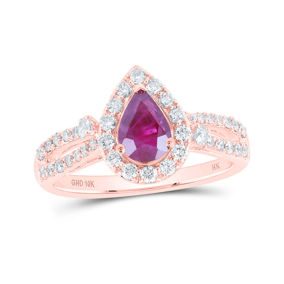 10k Rose Gold Womens Pear Ruby Diamond Fashion Ring 1-1/2 Cttw
