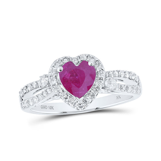 10k White Gold Womens Heart Ruby Diamond Halo Ring 1-1/3 Cttw