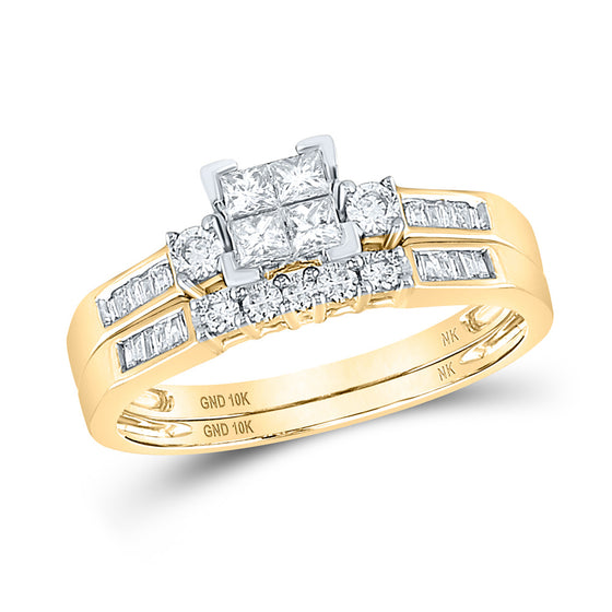 10k Yellow Gold Princess Diamond Square Bridal Wedding Ring Band Set 1 Cttw