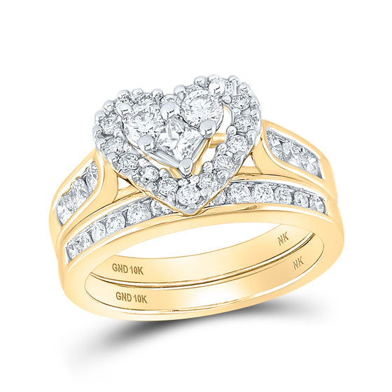 10k Yellow Gold Princess Diamond Heart Bridal Wedding Ring Band Set 1 Cttw