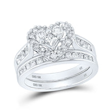  10k White Gold Princess Diamond Heart Bridal Wedding Ring Band Set 1 Cttw