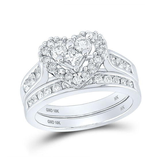 10k White Gold Princess Diamond Heart Bridal Wedding Ring Band Set 1 Cttw