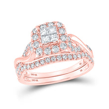  10k Rose Gold Princess Diamond Square Bridal Wedding Ring Band Set 1 Cttw
