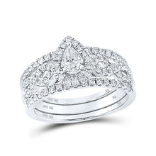  10k White Gold Pear Diamond 3-Piece Bridal Wedding Ring Band Set 7/8 Cttw