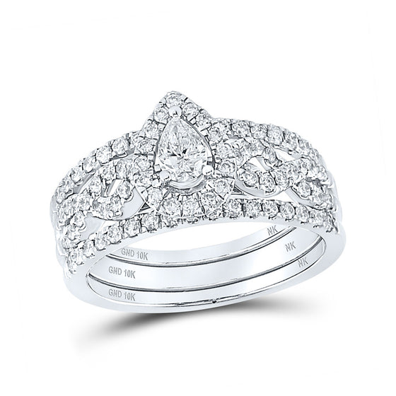 10k White Gold Pear Diamond 3-Piece Bridal Wedding Ring Band Set 7/8 Cttw