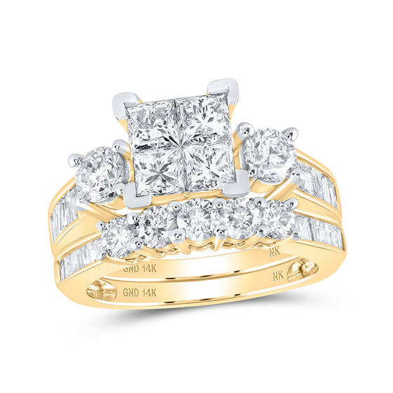 14k Yellow Gold Princess Diamond Square Bridal Wedding Ring Band Set 3 Cttw