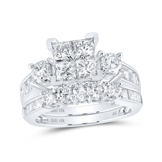 14k White Gold Princess Diamond Square Bridal Wedding Ring Band Set 3 Cttw