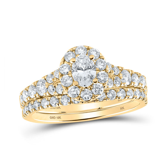 10k Yellow Gold Oval Diamond Halo Bridal Wedding Ring Band Set 1-1/2 Cttw