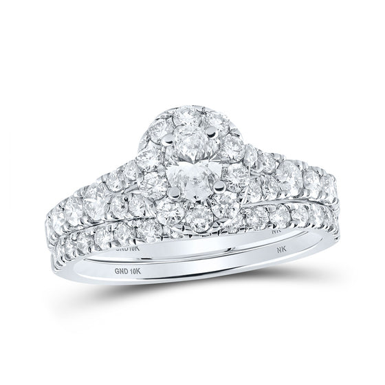 10k White Gold Oval Diamond Halo Bridal Wedding Ring Band Set 1-1/2 Cttw