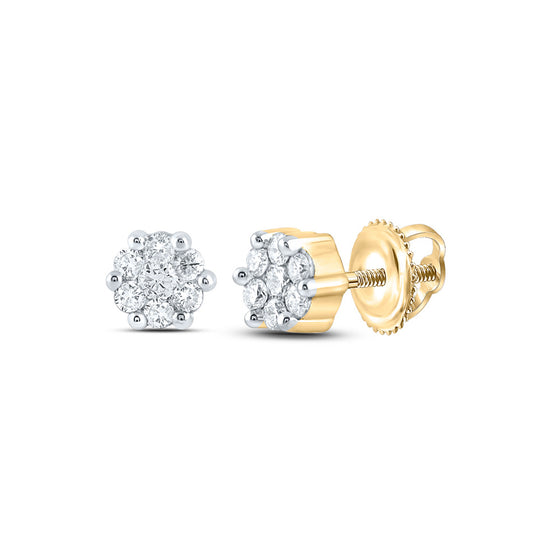14k Yellow Gold Womens Round Diamond Flower Cluster Earrings 1/6 Cttw