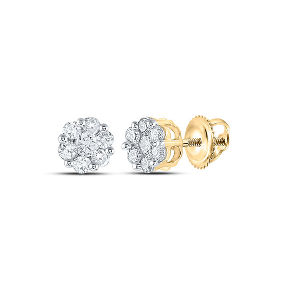 14k Yellow Gold Womens Round Diamond Flower Cluster Earrings 1/2 Cttw