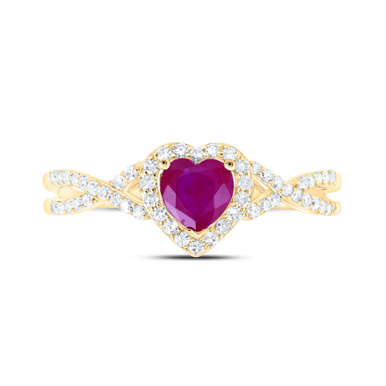 10k Yellow Gold Womens Heart Ruby Diamond Halo Ring 1 Cttw