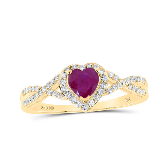 10k Yellow Gold Womens Heart Ruby Diamond Halo Ring 1 Cttw