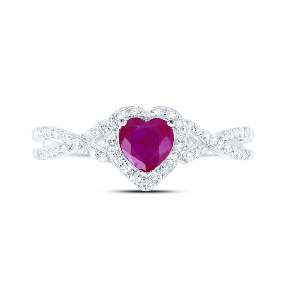 10k White Gold Womens Heart Ruby Diamond Halo Ring 1 Cttw