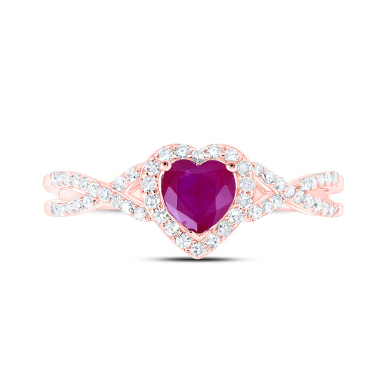 10k Rose Gold Womens Heart Ruby Diamond Halo Ring 1 Cttw