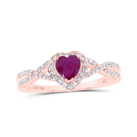 10k Rose Gold Womens Heart Ruby Diamond Halo Ring 1 Cttw