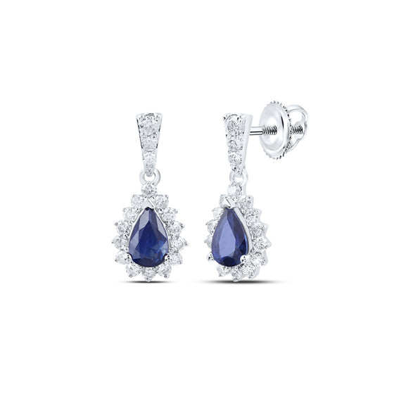 10k White Gold Womens Pear Blue Sapphire Diamond Dangle Earrings 1-1/2 Cttw