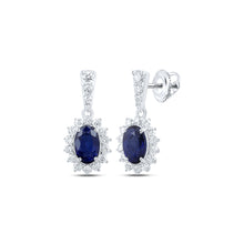  10k White Gold Womens Oval Blue Sapphire Diamond Dangle Earrings 1-5/8 Cttw