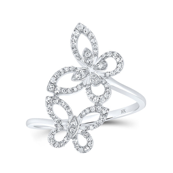 10k White Gold Womens Round Diamond Double Butterfly Ring 1/4 Cttw