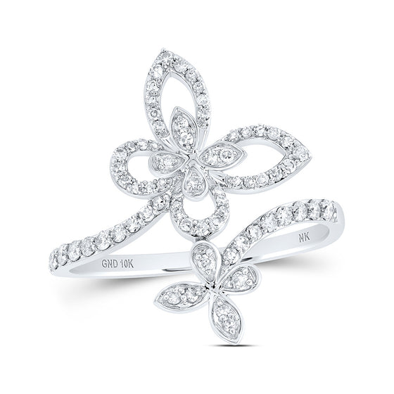 10k White Gold Womens Round Diamond Bypass Butterfly Ring 1/3 Cttw