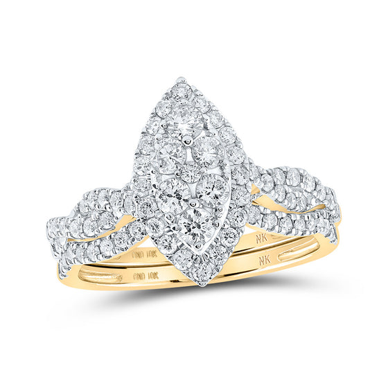 10k Yellow Gold Round Diamond Marquise-shape Bridal Wedding Ring Band Set 1 Cttw