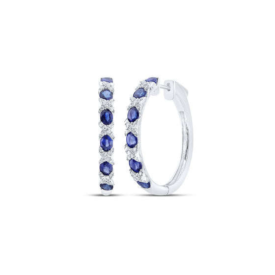 14k White Gold Womens Oval Blue Sapphire Diamond Hoop Earrings 3-1/3 Cttw